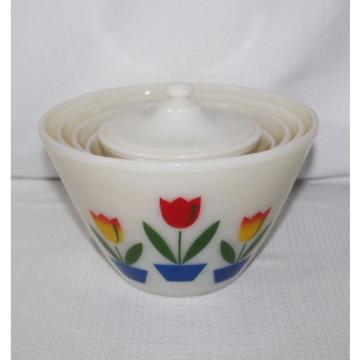 Vintage Set FireKing Oven Ware Tulip Splash Nesting Bowls With Grease Jar &amp; Lid