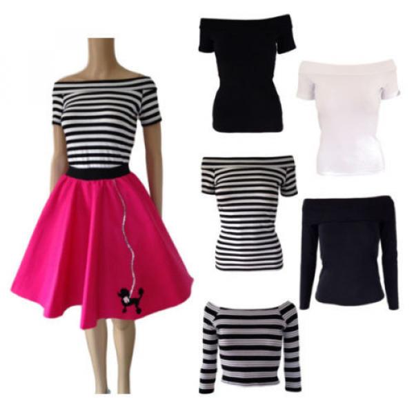 Ladies 50s Off The Shoulder Top BARDOT / GREASE STYLE Pink Ladies UK Stripe TOPS #1 image